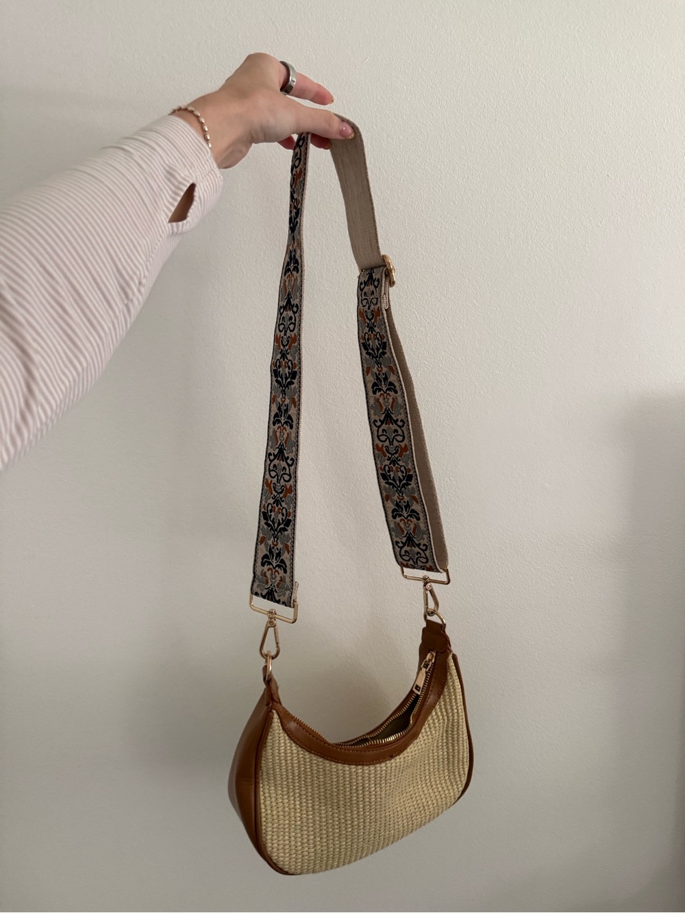 Woven Cream & Brown Crossbody Bag with Patterned Adjustable Strap